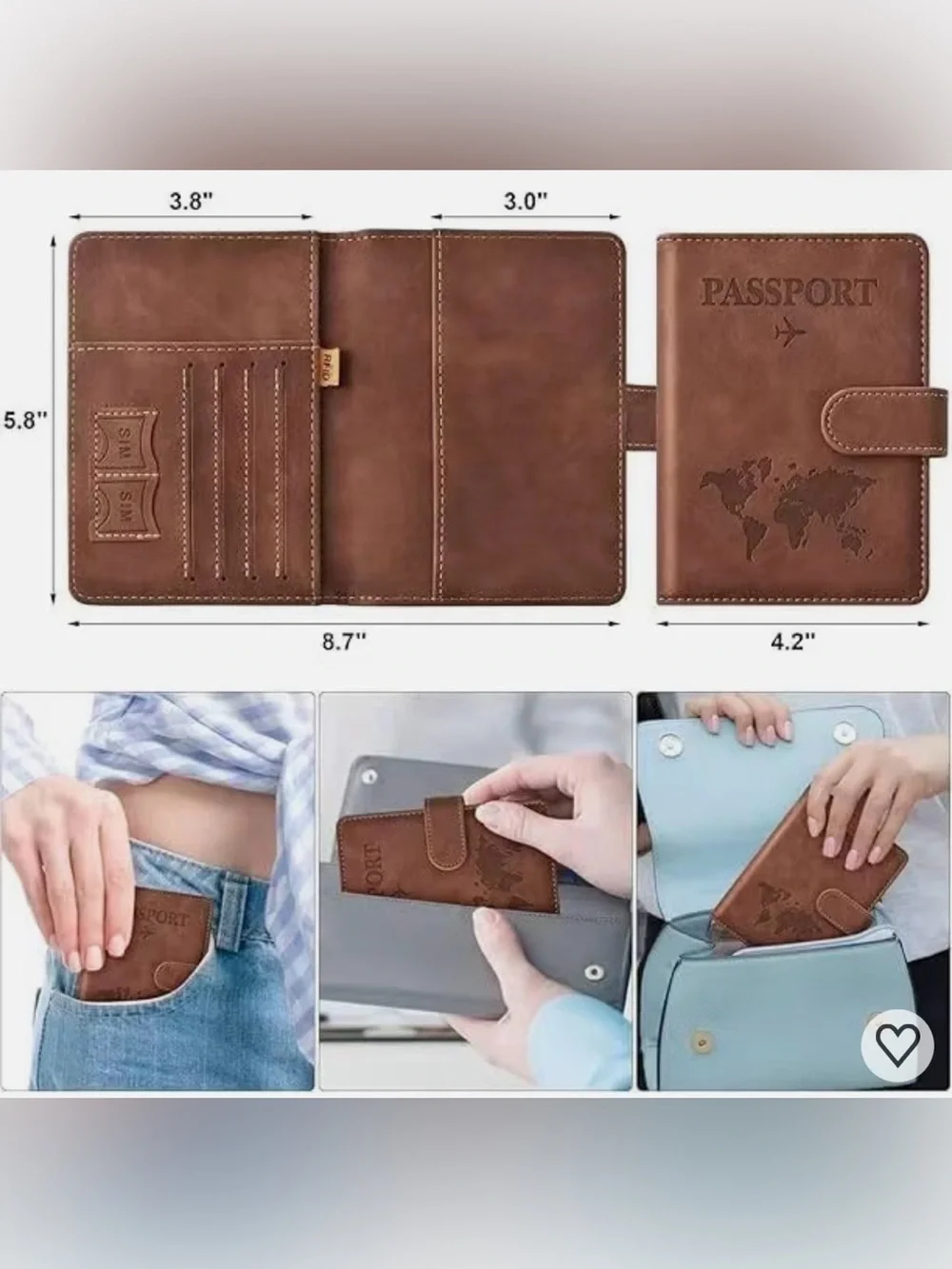 NEW Brown Vegan Leather Slim Passport Holder RFID Blocking Embossed 7 pocket